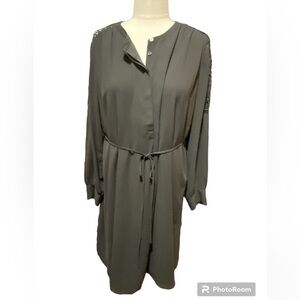 Loft Gray Crochet Long Sleeve Tie Waist Henley Dress Size L